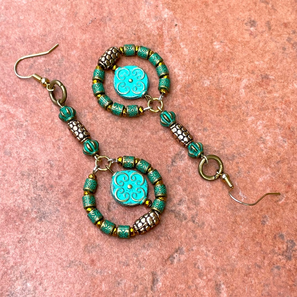 Gorgeous hand crafted drop hoop patina earrings